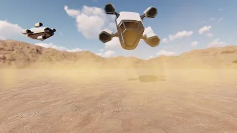 Spaceship drones landing in the desert Stock Illustration