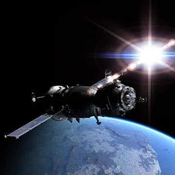 Spaceship at the Earth orbit 3d render Stock Illustration