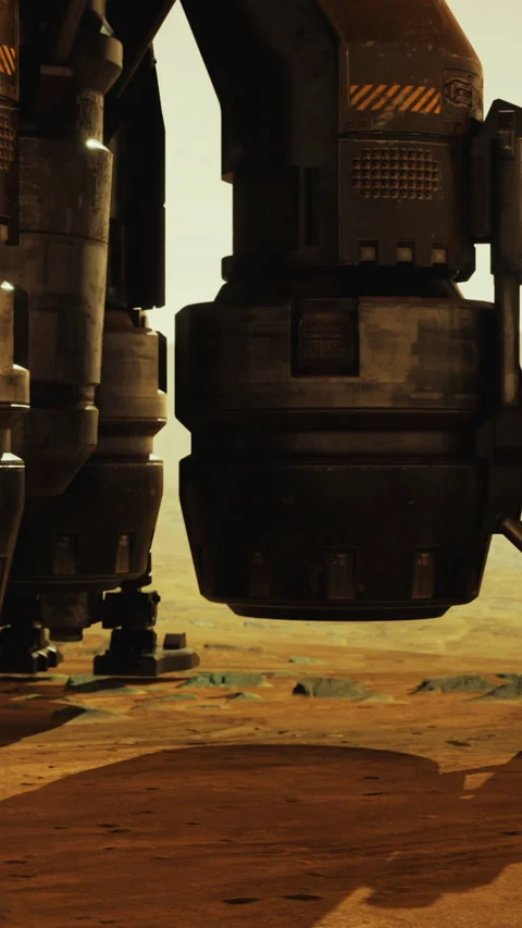 Spaceship engines hover over a surreal alien landscape during a quiet dusk Stock Footage 331835954