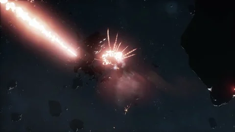 A spaceship explodes in Conflicts on Mining in Space 02 Video stock 219895141