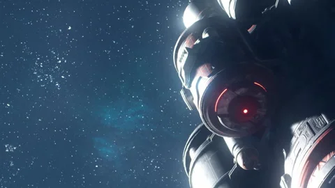 Spaceship explores outer space near distant stars and asteroids Stock Footage 344844693