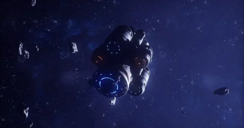 Spaceship exploring an asteroid belt in deep space with glowing engines Stock Footage 327791635