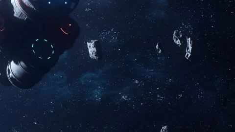 Spaceship exploring asteroid belt in deep space during quiet journey Stock Footage 344315025