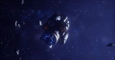 Spaceship exploring an asteroid belt in deep space with glowing engines Stock Illustration