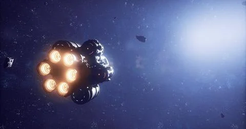 Spaceship exploring asteroid field in deep space at high speed Stock Illustration