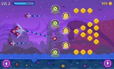A spaceship fires at alien creatures and octagonal objects against a purple-h Stockillustratie