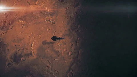 Spaceship flies above the surface of red planet. Space travel near Mars Видео 160779458