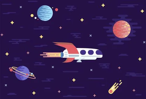 Spaceship flies in space. Vector illustration in flat cartoon stile Illustrazione stock