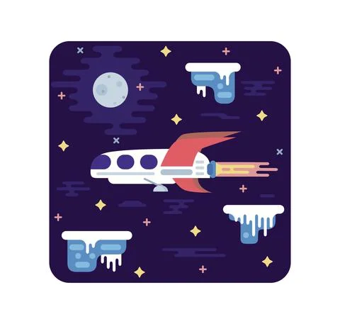 Spaceship flies through outer space - Vector square illustration Stock Illustration