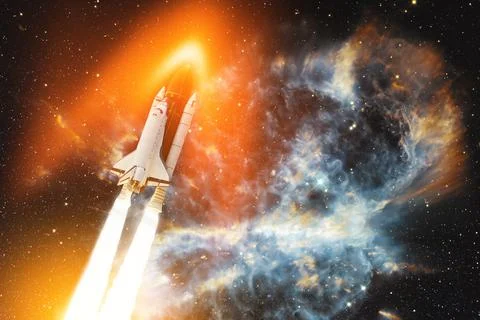 Spaceship flight. Glowing space shuttle with smoke and blast takes off into t Stock Photos