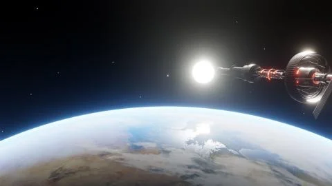 Spaceship floating around the earth 库存插图