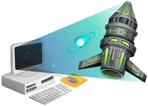 Spaceship floating out of the computer screen Stockillustratie