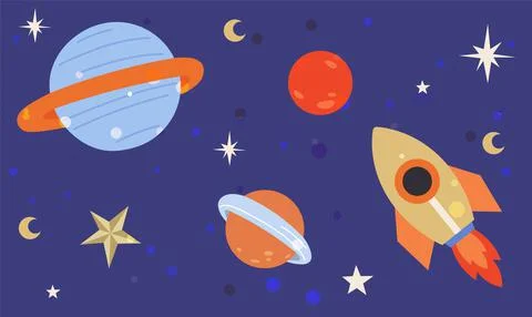 Spaceship flying among celestial objects and stars. Rocket and planet stickers 库存插图