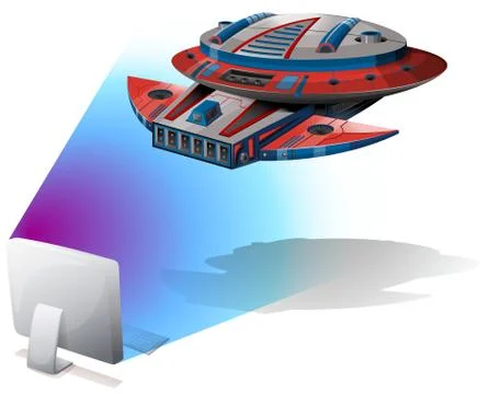 Spaceship flying out of computer screen イラスト素材