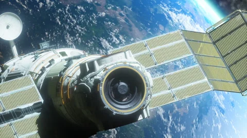 A spaceship flying in space orbiting a planet Stock Footage 257752863