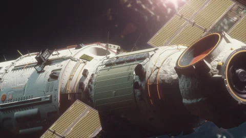 A spaceship flying in space orbiting a planet Stock-Footage 257752907