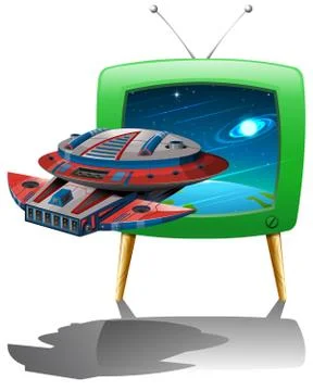Spaceship flying in the space on TV Stock Illustration