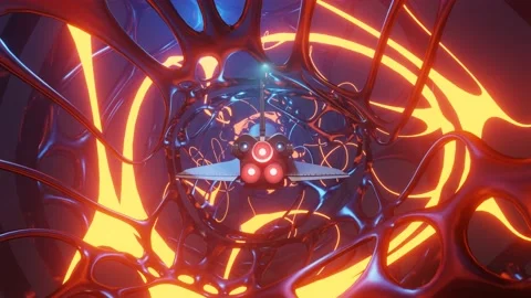Spaceship flying through organic molecules floating in space. Stock Footage 141861918