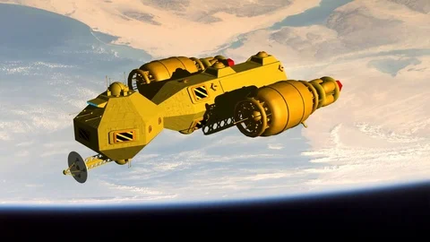 Spaceship Goliath class heavy freighter earth orbit 1 Stock Footage 72906097