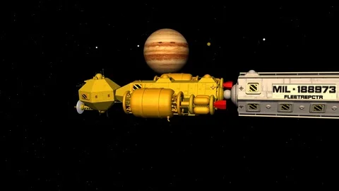 Spaceship Goliath heavy freighter and cargo pods Jupiter flyby closeup Stock Footage