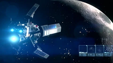 Spaceship heading for the moon. Navigation data on screen Stock Footage 248355361