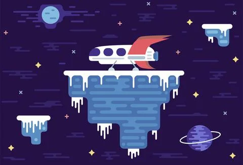 Spaceship on an icy asteroid - Vector illustration in flat cartoon stile Illustrazione stock
