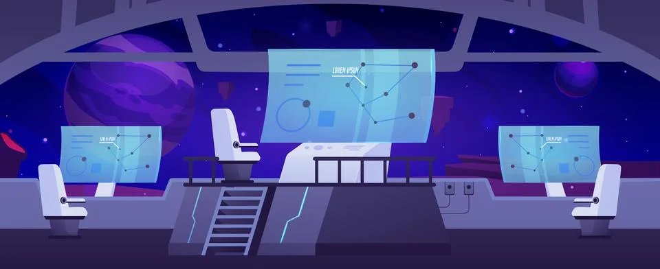 Spaceship interior of captains bridge, vector command station, radar screens Stock Illustration