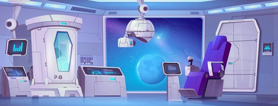 Spaceship interior with cryogen capsule and window Stock Illustration