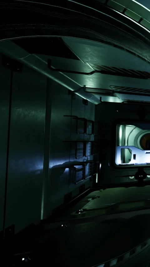 Spaceship interior with dim lights and perspective showing hallway to room Stock Footage 332211611