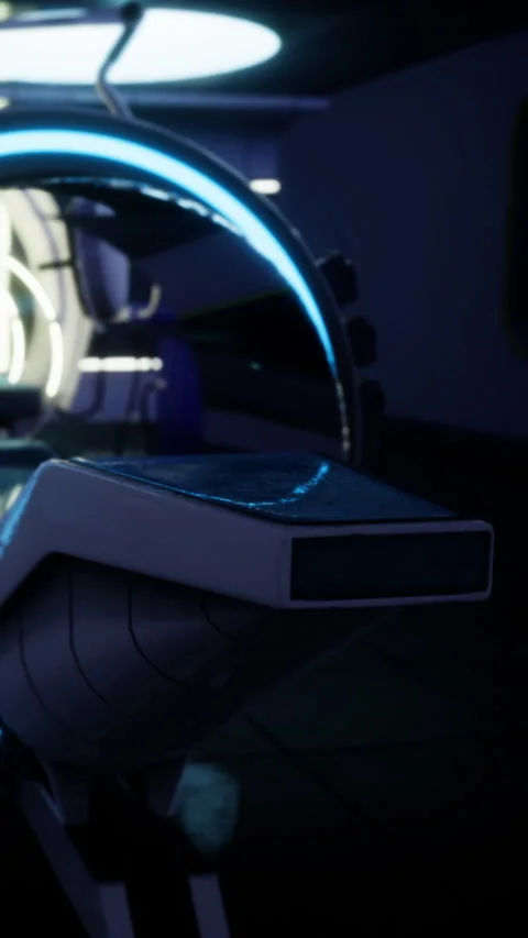 Spaceship interior with glowing elements and modern design features at night Stock Footage 336583357