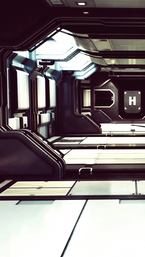 Spaceship interior with a hall and a marked helipad for landing activity Stock Footage 334886145