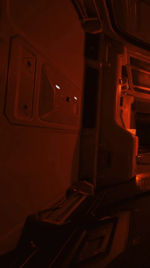 Spaceship interior with red lighting and shadows in a dark setting Stock Footage 334309591