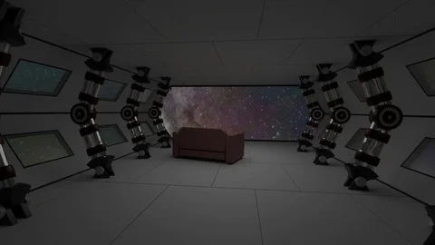 Spaceship interior with relax sofa view on space and distant planets system 3D Stock Footage 77761845