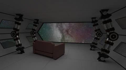 Spaceship interior with relax sofa view on space and distant planets system 3D Illustrazione stock