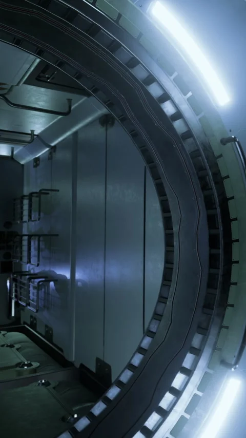 Spaceship interior with round structure and glowing lights during exploration Stock Footage 332210798