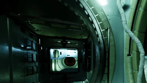 Spaceship interior showing narrow passage and sleeping quarters Stock Footage 343495308