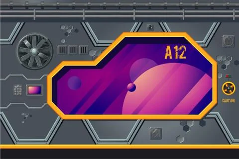 Spaceship interior with window. Rocket room game concept. Futuristic vector Stock Illustration