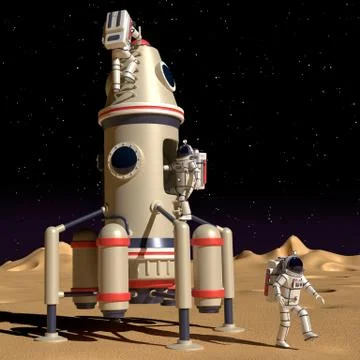 Spaceship landing module with astronaut in space suit on moon surface Stock Illustration