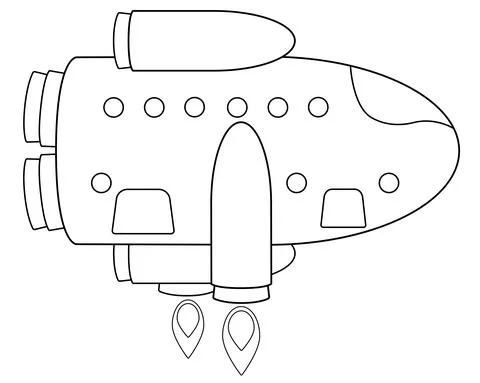 Spaceship lands horizontally - vector linear picture for coloring. Outline. Stock Illustration