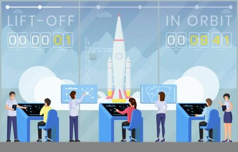 Spaceship launch countdown flat vector illustration. Ground control center Illustrazione stock