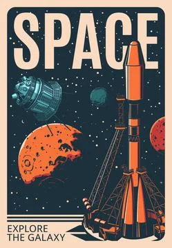 Spaceship launch retro poster, rocket and shuttle Stock Illustration