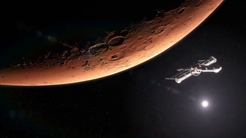 Spaceship Leaving Planet Mars Orbit Stock Footage
