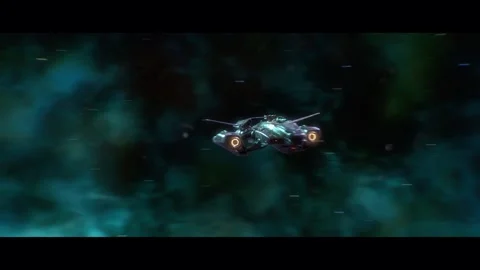 Spaceship lightspeed into shot and fly to alien planet through asteroid field Stock Footage 266430497