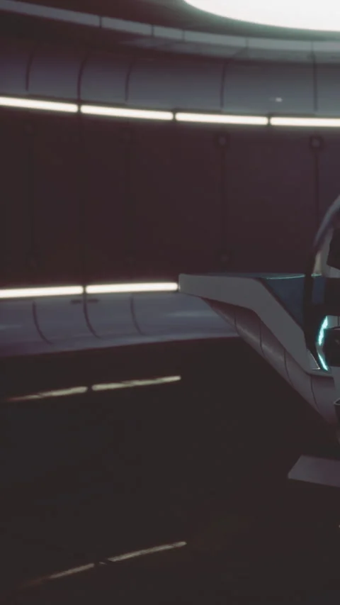 Spaceship model in a futuristic setting with bright lights and smooth surfaces Stock Footage 334884304
