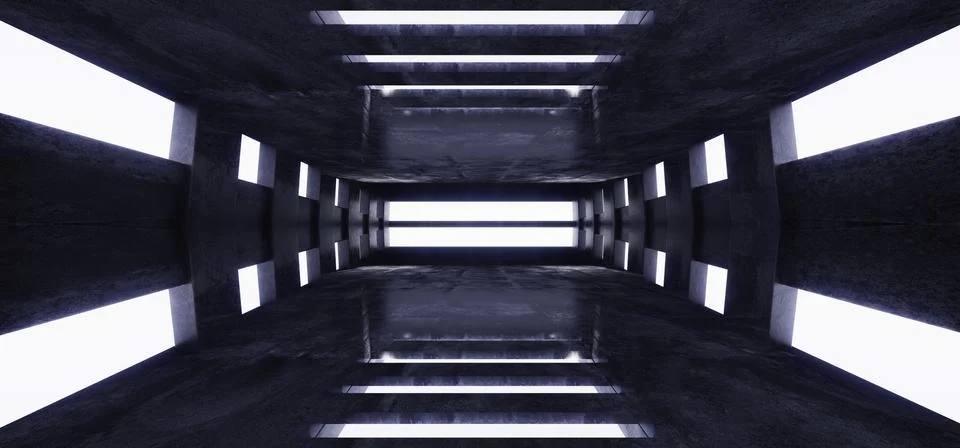 Spaceship Modern Corridor Future Sci Fi Cement Windows White Glowing Hallway  Stock Illustration