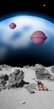 Spaceship moon composing fantasy future science Stock Photos