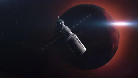 A spaceship moves in outer space to meet the planet Mars . concept on the sea Stock Footage 172933929