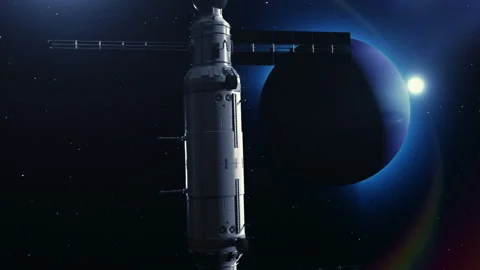 A spaceship moves in outer space to meet a planet . concept on the search for Stock Footage 172941813