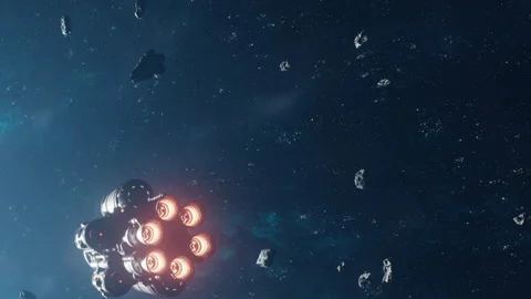 Spaceship navigates through an asteroid field in deep space Stock Footage 344061680