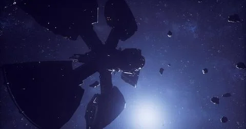 Spaceship navigating asteroid field in deep space with distant star glow Stock Illustration